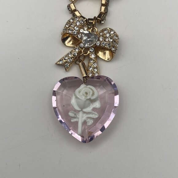 Betsey Johnson Pink Heart Rose Cameo Pendant Gold Tone Necklace Bow LOOK READ - Picture 9 of 9